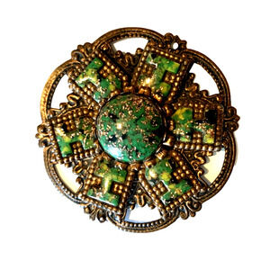 Vintage Copper Enamel Pendant Green & Gold Confetti Bold Mid Century Modern MCM